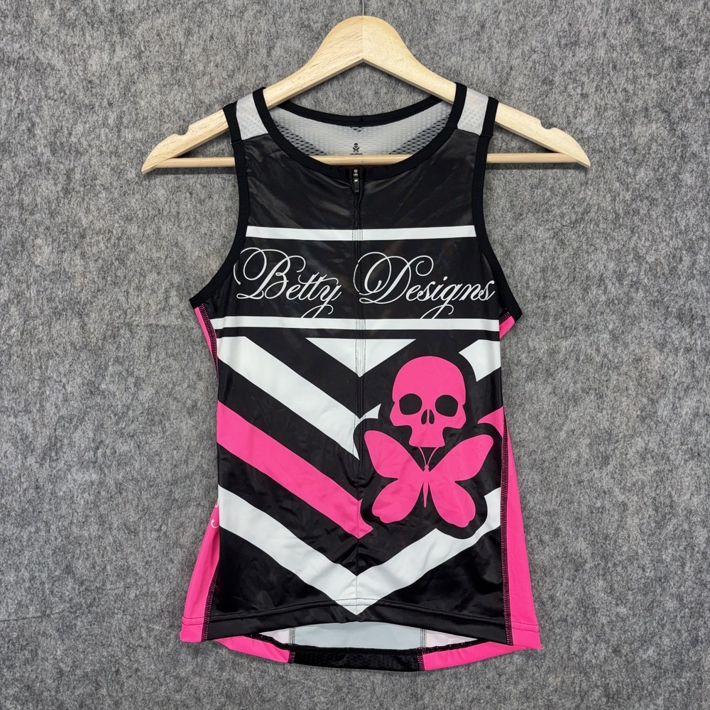 Betty Designs Tank Top Women's Small Black Pink Skull Sleeveless Triathlon Cycle